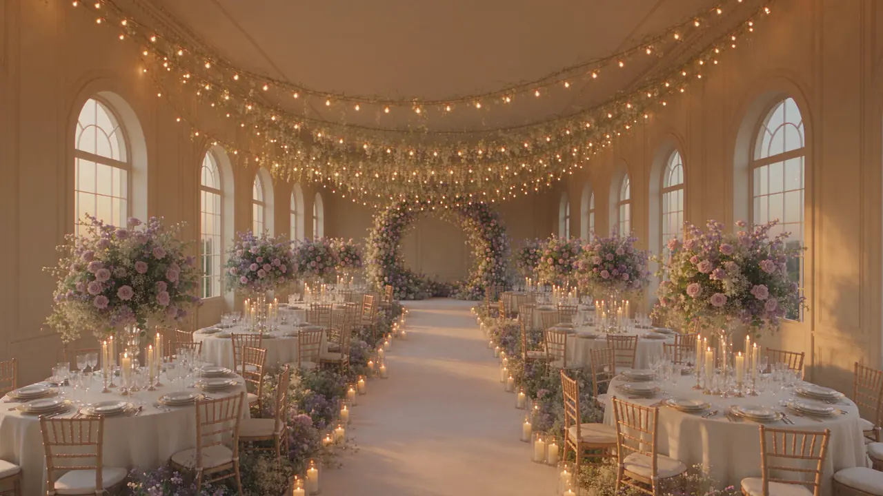 Illustration d’une salle de réception élégante, fleurie et éclairée à la bougie